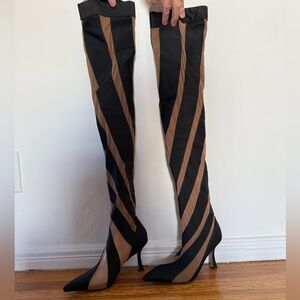 Striped Black and Tan Over-the-Knee Boots